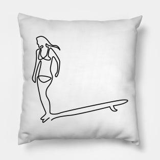 one line surfer girl hanging ten on a longboard Pillow