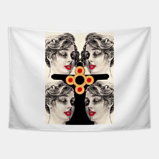 Black cross and woman with golden earring and red lips Tapestry