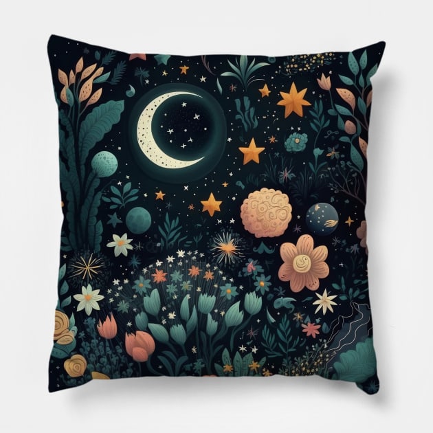 Celestial Bohemian Flowers Aesthetic Design Stars Moon Floral Cosmic Pattern Pillow by Step Into Art