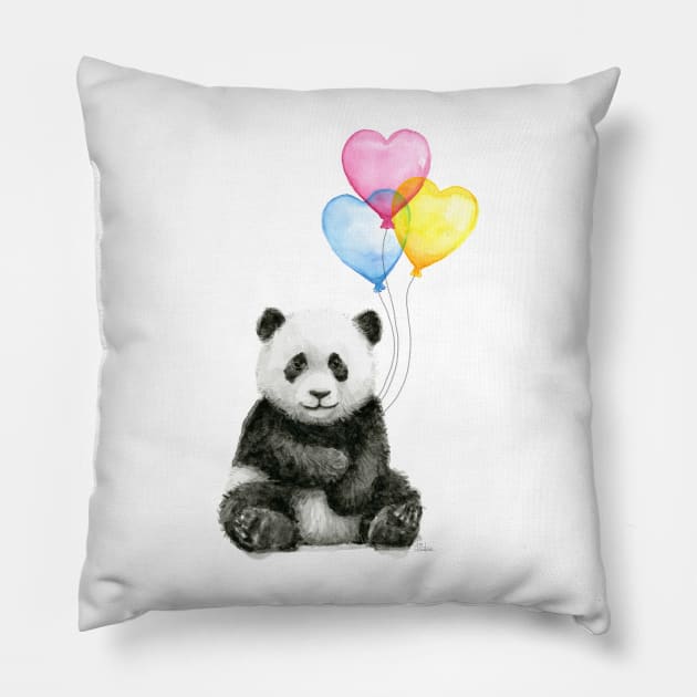 Baby Panda with Heart-Shaped Balloons Pillow by Olechka
