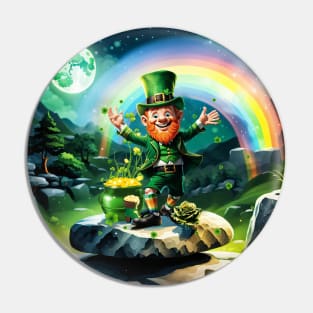 Funny happy  leprechaun with rainbow Pin