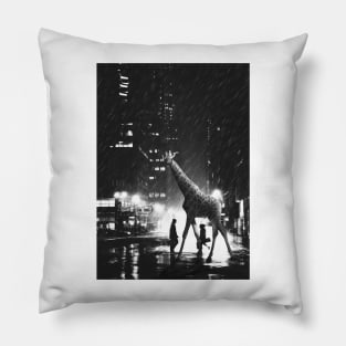 Raining Giraffe Night City Black and White Pillow