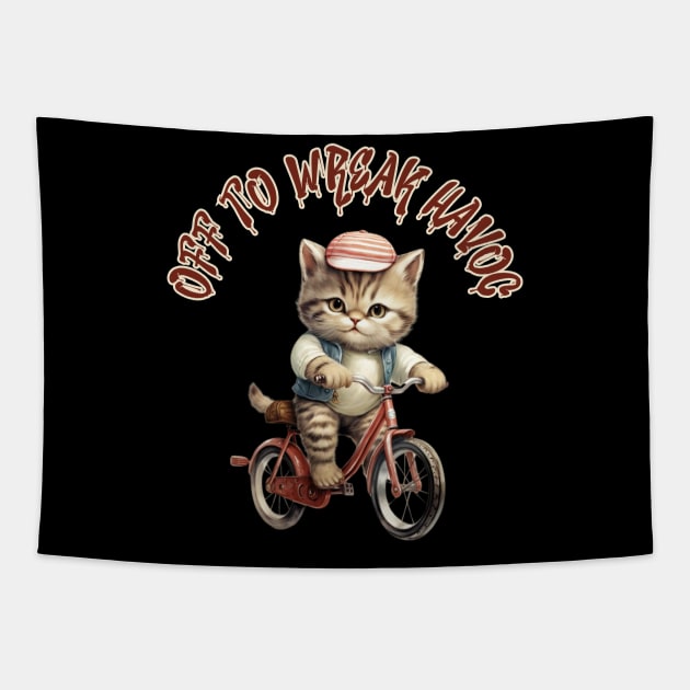 Off to Wreak Havoc Vintage Cat on Bicycle Funny Sarcasm Tapestry by Lavender Celeste