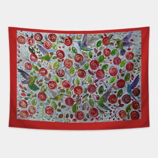 Hummingbirds on Red Roses Tapestry