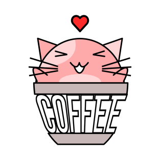 Happy cat in coffee cup with warped text heart on head pink T-Shirt