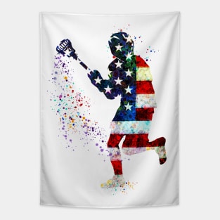 Lacrosse Boy American Flag Art USA Gifts Tapestry