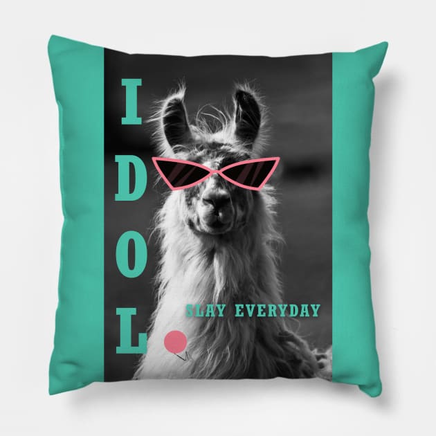 Llama idol slay everyday - biscay green pink Pillow by Las Sestras
