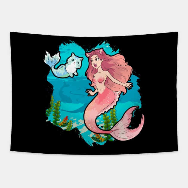 Cute & Funny Mermaid Cat Swimming Kitty Mermaidcat Tapestry by theperfectpresents