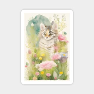 Watercolour painting of striped cat in th flower garden Magnet