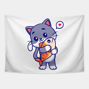 Cute Cat Hug Fish Tapestry