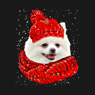 White Pomeranian Wearing Red Hat And Scarf Christmas T-Shirt