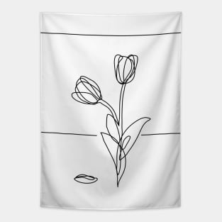 Tulip Flowers Line Drawing - Black Tapestry