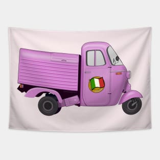 Vintage Pink Italian Motorized Rikshaw with Italian Flag Sticker on the Door Tapestry