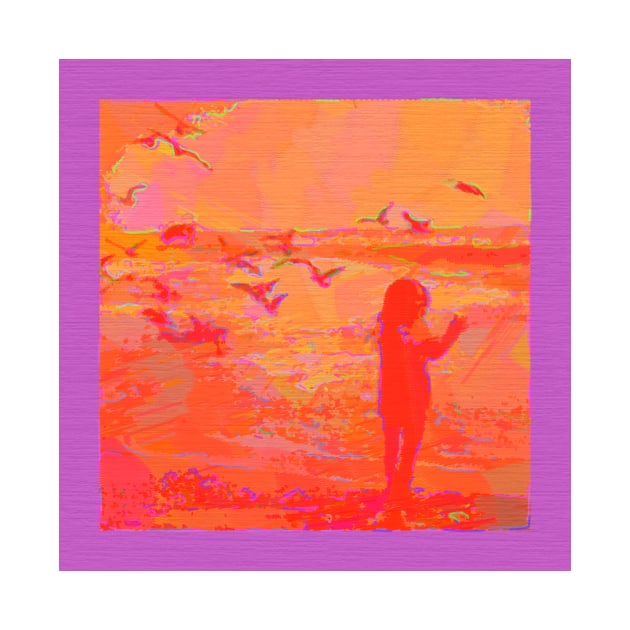 Girl and Seagulls Abstracted in Neon Colors by DANAROPER