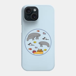 Manatee with colorful fish in circle Phone Case