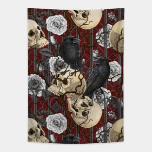 Raven's secret. Dark and moody gothic illustration with human skulls and roses Tapestry