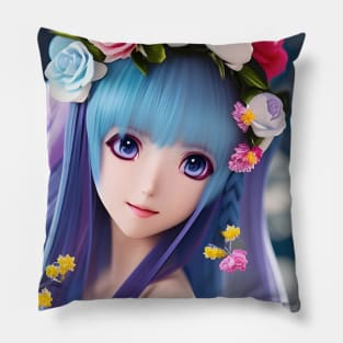 Beaux Animes Art  Manga Anime Girl with blue hair and flowers Design Pillow