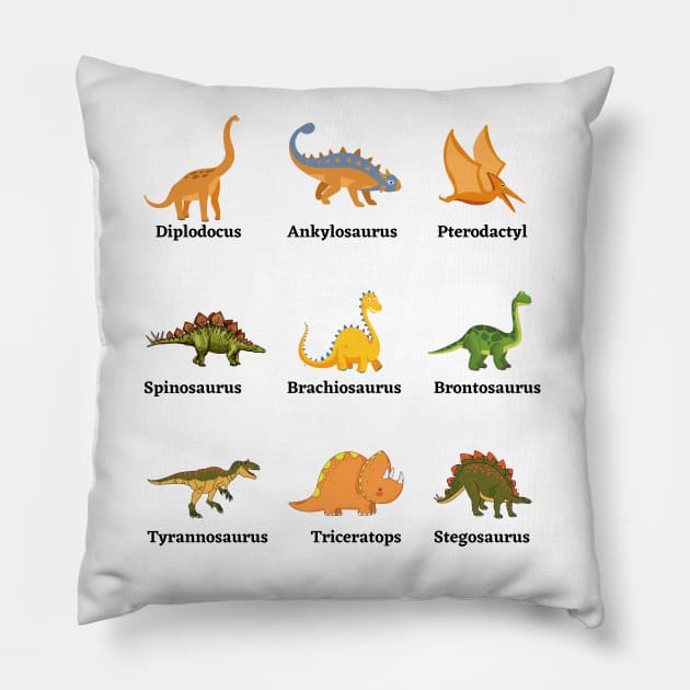 Dinosaurs Characters and Dino Pack Names Pillow by IlanaArt