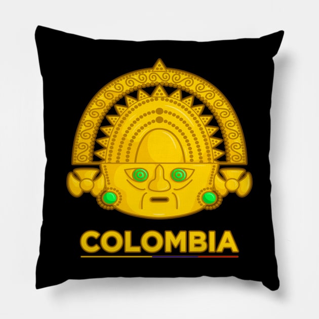Ancient colombian indigenous god golden representation with green emerald Pillow by Drumsartco