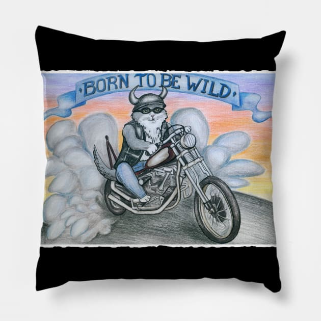 Biker cat Pillow by Erena Samohai