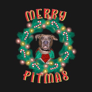 Merry Pitmas Pitbull Glowing Wreath And Candy Canes T-Shirt