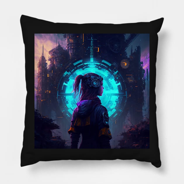 Female Cyberpunk Adventurer Pillow by AICreateWorlds