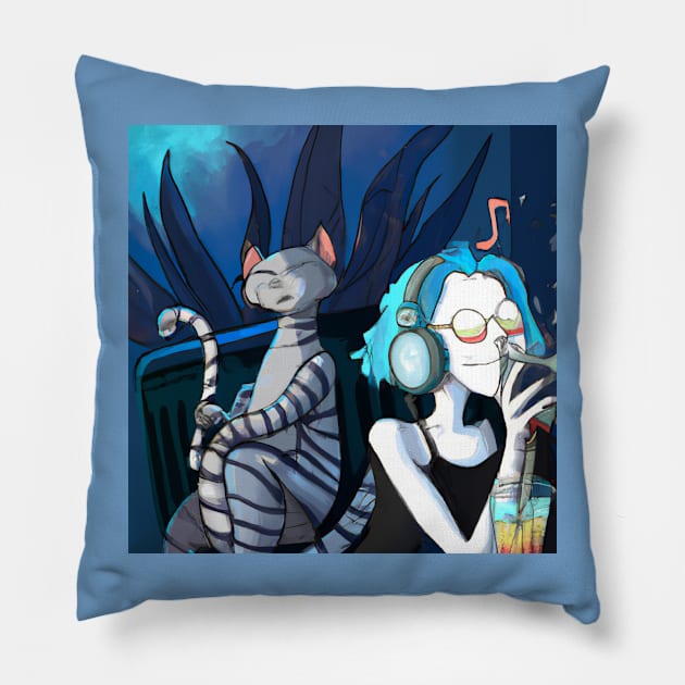 Blue Haired Girl Enjoys Music and Drink with Suspicious Cat Pillow by Star Scrunch