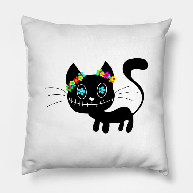 Dia de los Muertos Cat Pillow by Hispaniola-Fineart