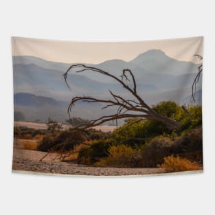 Namibia. Dead Tree with the Mountain Silhouettes. Tapestry