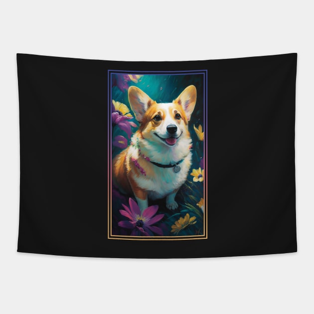 Pembroke Welsh Corgi Dog Vibrant Tropical Flower Tall Digital Oil Painting Portrait Tapestry by ArtHouseFlunky