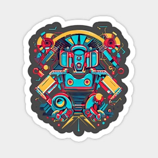 A piece that incorporates both retro and futuristic elements, such as robots and neon colors with a vintage twist. Magnet