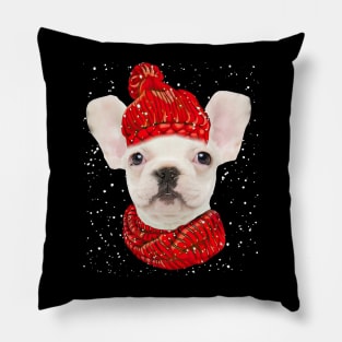 White French Bulldog Wearing Red Hat And Scarf Christmas Pillow