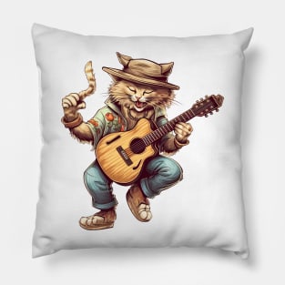 Summer Cat Dancing and Playing Guitar Pillow