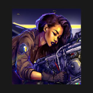 Aircraft Mechanic Girl Synthwave 80's Digital Art T-Shirt