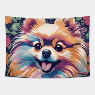 Pomeranian Paradise, cute and colorful Pomeranian with Flowers Tapestry