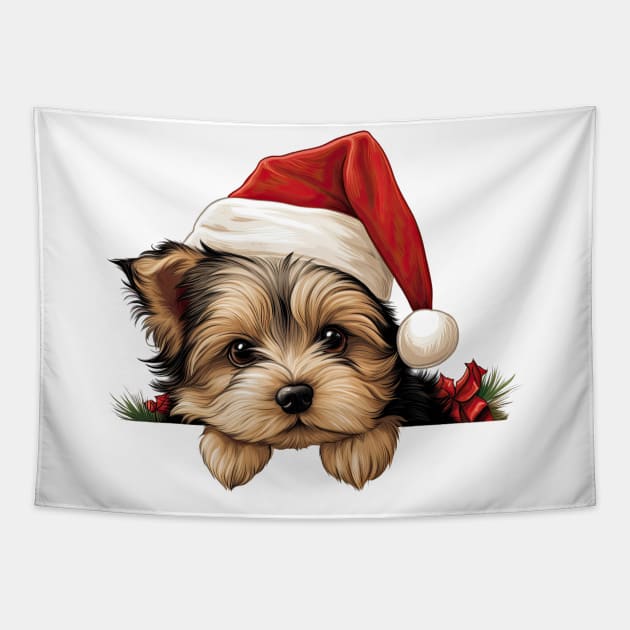 Christmas Peeking Yorkshire Terrier Dog Tapestry by Chromatic Fusion Studio