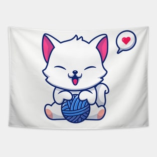 Cute Cat Playing Wool Ball Cartoon Tapestry