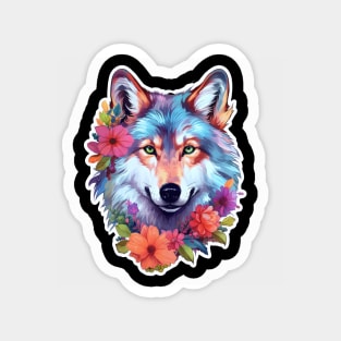 Colorful Wolf With Flowers Magnet