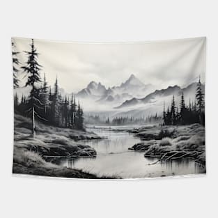 A Landscape with a River, Trees and Mountains Tapestry