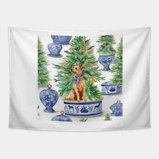 Cute trrrier and Christmas tree in chinoiserie jar Tapestry by SophieClimaArt