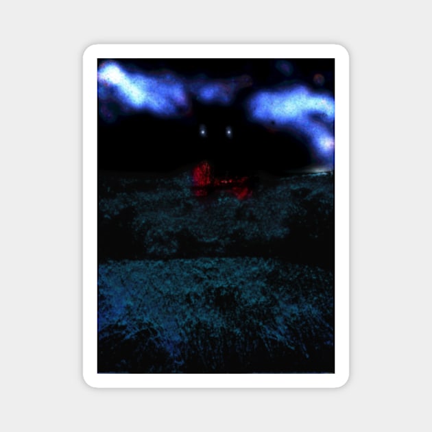 Digital collage and special processing. I am standing in field, and big, dark monster looking on me. Aquamarine, blue and red. Magnet by 234TeeUser234