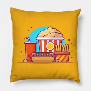 Tasty Combo Menu Hotdog with Popcorn, Soda and French Fries Cartoon Vector Icon Illustration Pillow