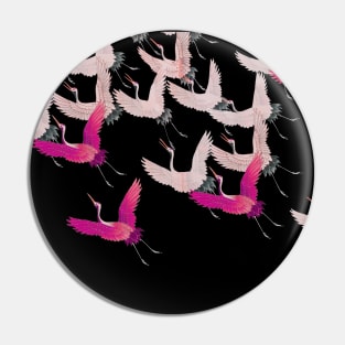 PINK FUCHSIA WHITE FLYING CRANES IN BLACK Japanese Pattern Pin