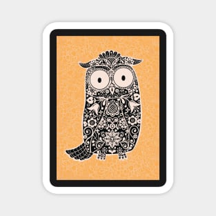 Black and White Folk Art Owl on Yellow Floral Background Magnet