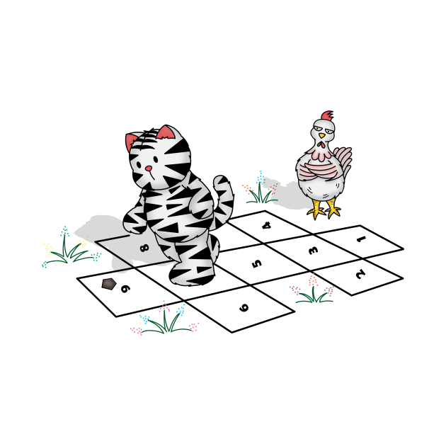 Cat And Chicken Playing Hopscotch by Athikan