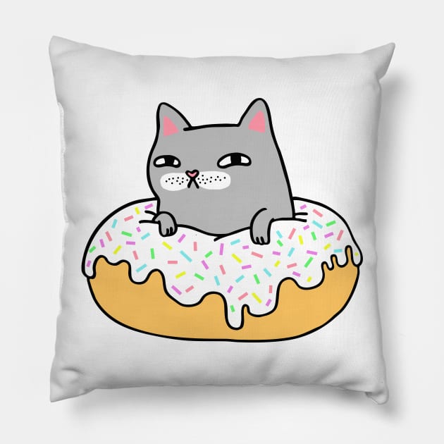 Donut Cat - Grey Cat White Icing Pillow by natelledrawsstuff