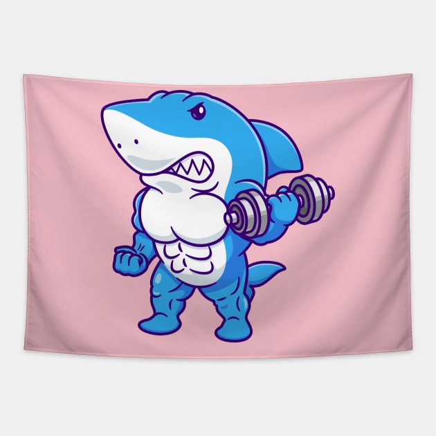 Cute Shark Lifting Dumbblle Cartoon Tapestry by Catalyst Labs