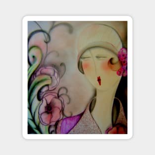 art deco flapper girl lady in hat pink purple flower by jacqueline mcculloch for house of harlequin Magnet