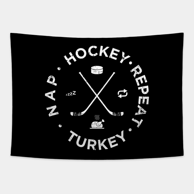 Distressed Hockey Turkey Nap Repeat Funny Thanksgiving Tapestry by teeleoshirts