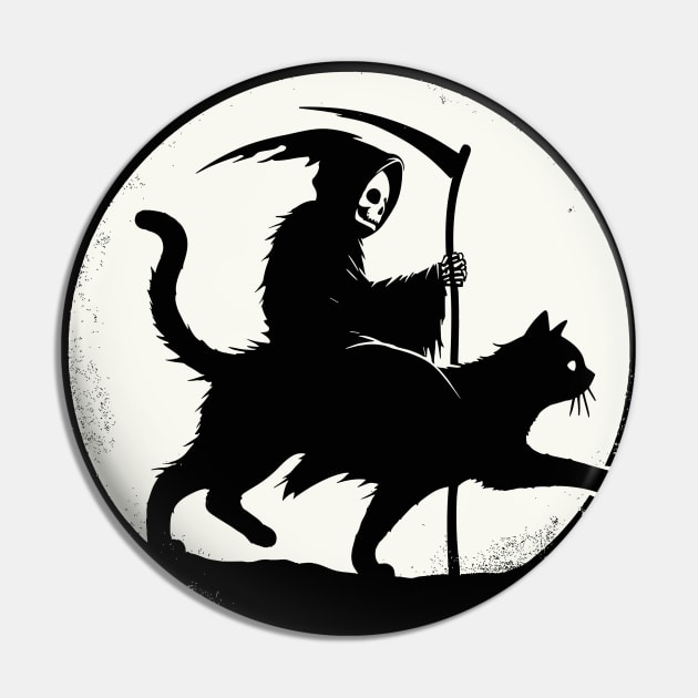 Grim Reaper Riding on Black Cat Pin by TomFrontierArt